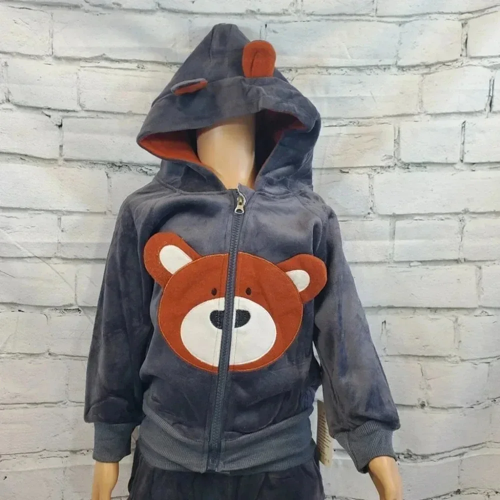 5T Toddler Grey Teddy Bear 2 piece Hoodie and Pants Velvet Outfit Set